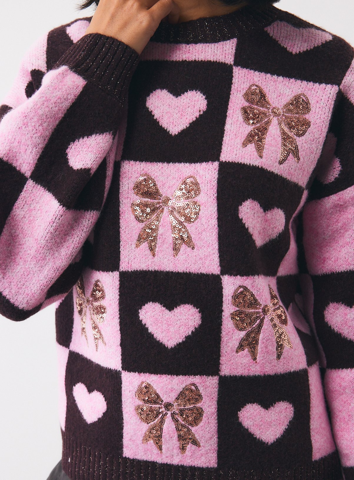 Christmas Purple Checkerboard Bow Jumper XS - Image 1 thumbnail